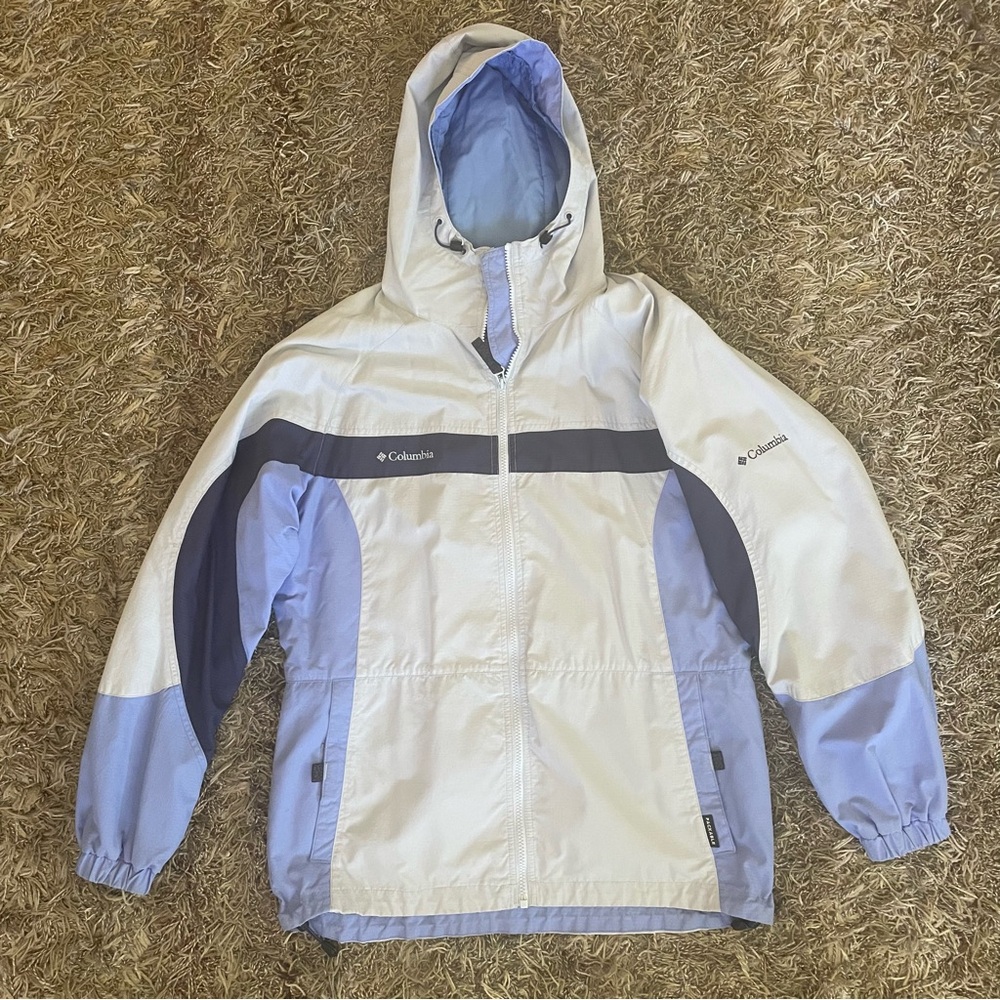 Packable Columbia White & Blue Hooded spring fall rain Jacket womens size M